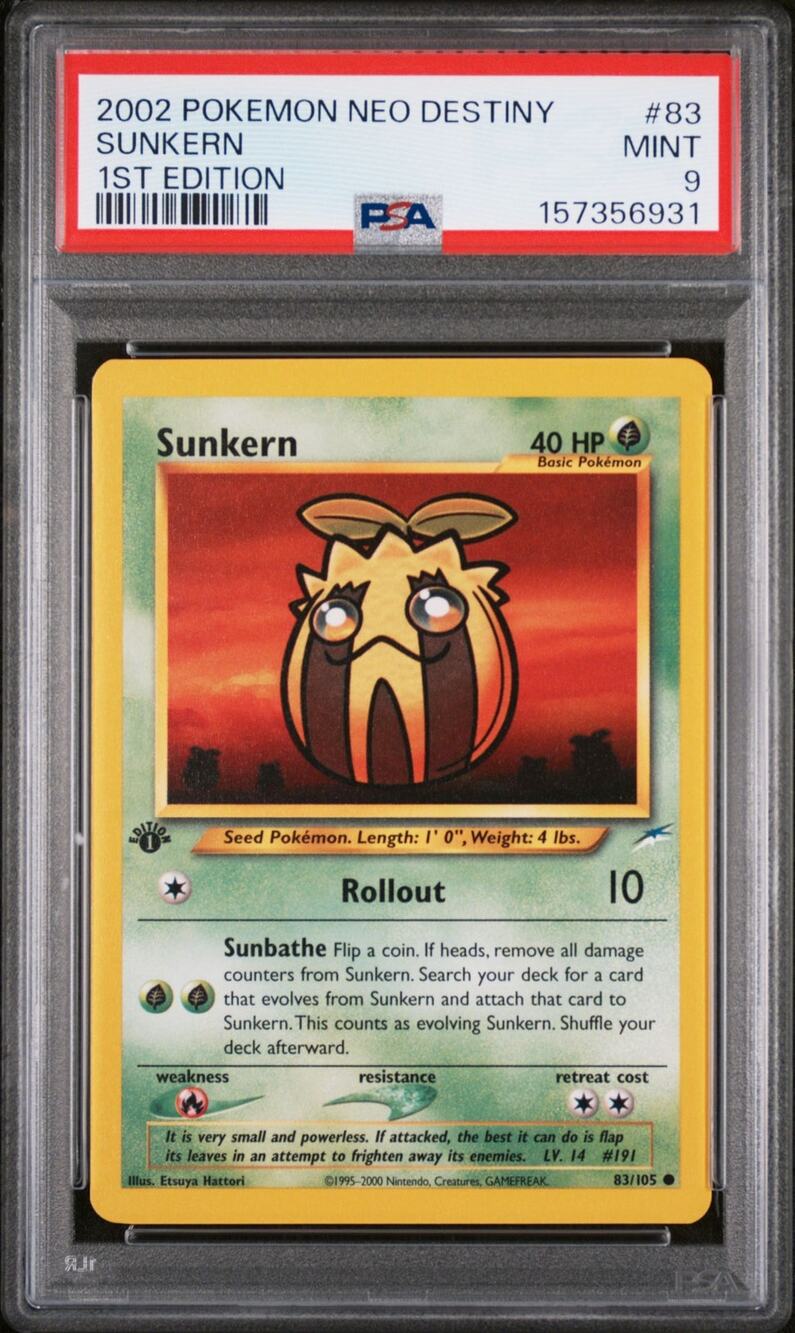PSA 9 MINT Sunkern 1st Edition 83/105 Pokémon 2002 Neo Destiny Graded Card